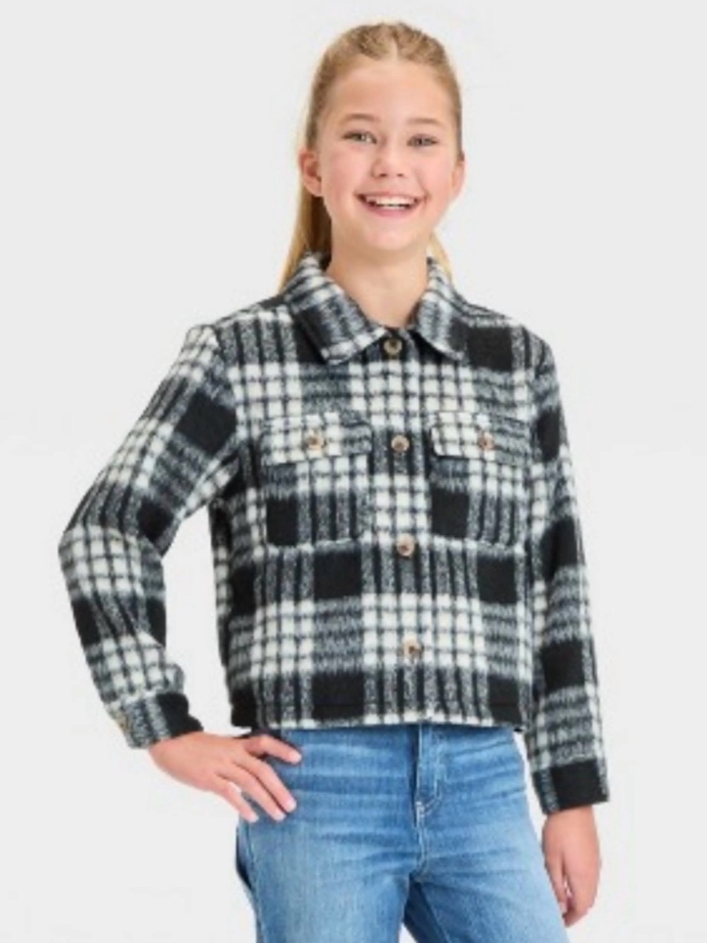 Cat & Jack Girls Cropped Plaid Shacket Jacket Cozy Fuzzy Black White XL 14 NEW